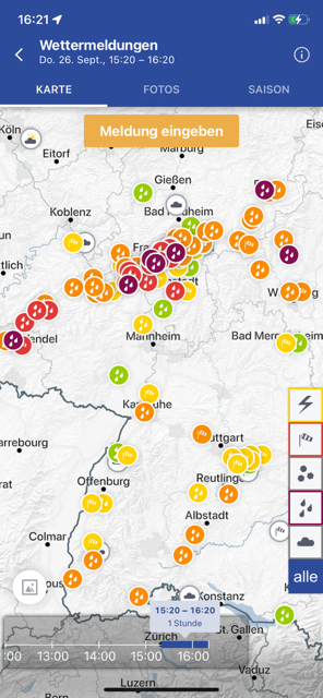 Screenshot Warnwetter App (Anzeige der Nutzermeldungen)