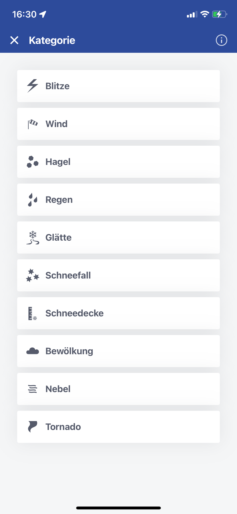 Screenshot Warnwetter App (Meldung der Wetterbeobachtungen)